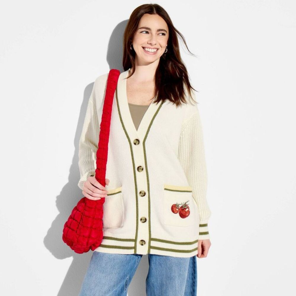 Women's Tomato Graphic Cardigan Sweater - Cream XXS